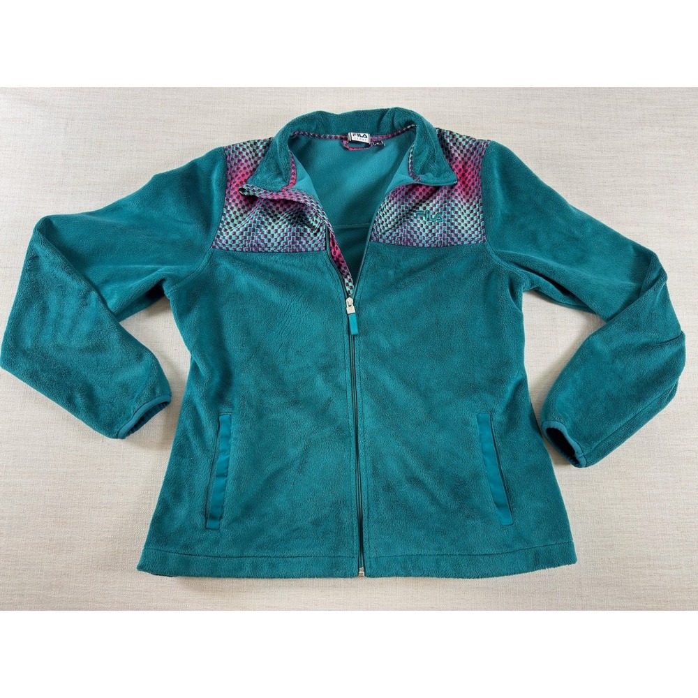 Fila Sport Womens Teal Fleece Full Zip Jacket Geometric Print Size Medium